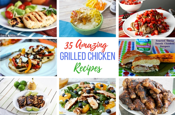 35 Amazing Grilled Chicken Recipes has grilled chicken in the form of kabobs, salads, sandwiches, wings, thighs, breasts, and even a mashed potato bowl.