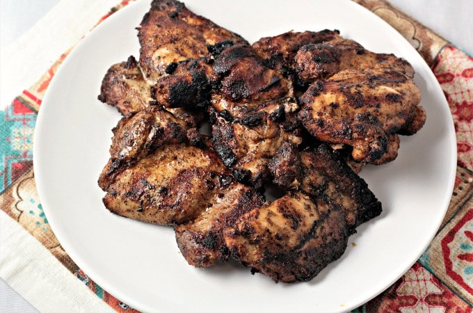 Chipotle Style Grilled Chicken Thighs are marinated in herbs and spices and then grilled to perfection. Great alone, in burritos, bowls, or tacos. 