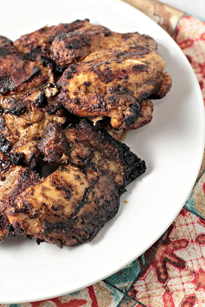 Chipotle Style Grilled Chicken Thighs are marinated in herbs and spices and then grilled to perfection. Great alone, in burritos, bowls, or tacos. 
