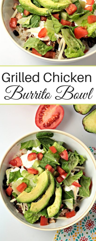 Grilled Chicken Burrito Bowls have rice, beans, chicken, salsa, cheese, lettuce, tomato, sour cream and avocado. A great Mexican meal made at home!