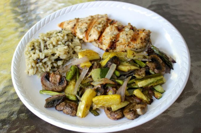 35 Amazing Grilled Chicken Recipes has grilled chicken in the form of kabobs, salads, sandwiches, wings, thighs, breasts, and even a mashed potato bowl.