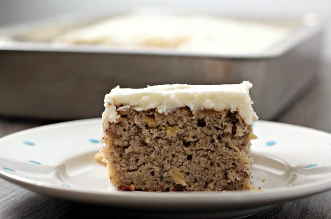 Hummingbird Cake (without nuts) has banana and pineapple, and does not have nuts. Topped with traditional cream cheese frosting.