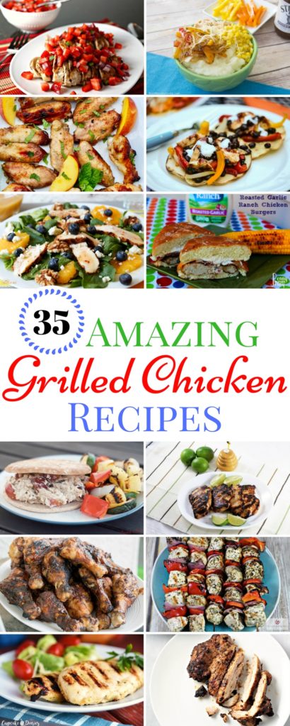 35 Amazing Grilled Chicken Recipes has grilled chicken in the form of kabobs, salads, sandwiches, wings, thighs, breasts, and even a mashed potato bowl.