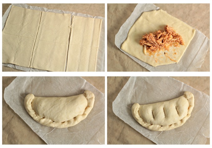 Chicken Calzones feature canned chicken, jar sauce, and Parmesan and mozzarella cheeses inside premade pizza crust to make a delicious and easy meal. 