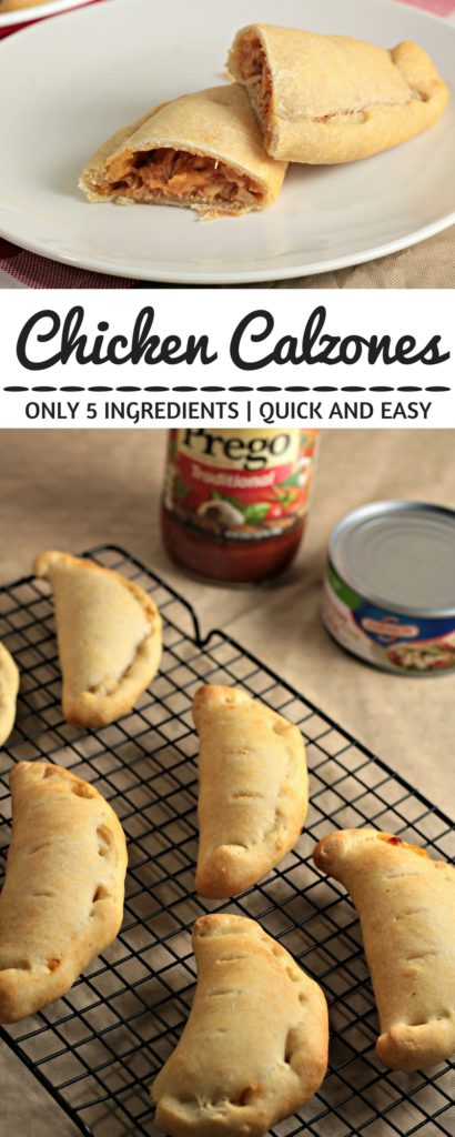 Chicken Calzones feature canned chicken, jar sauce, and Parmesan and mozzarella cheeses inside premade pizza crust to make a delicious and easy meal. 