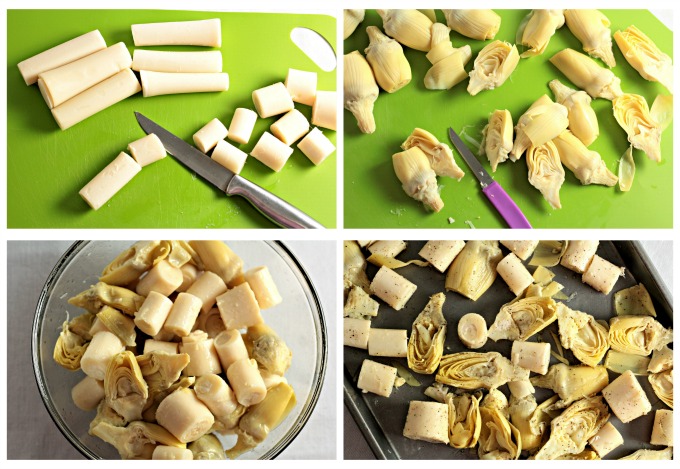 Roasted Hearts of Palm and Artichoke combines hearts of palm and artichoke with olive oil, garlic, lemon juice, salt and pepper. An easy vegan side dish. 