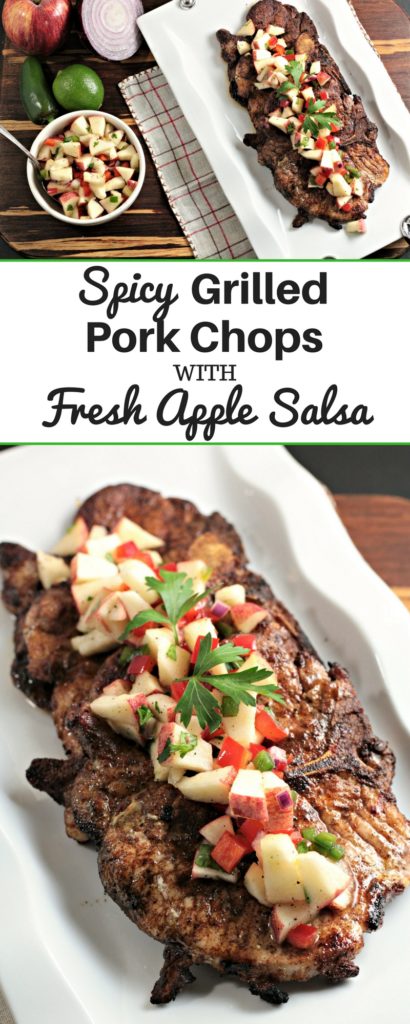 Spicy Grilled Pork Chops with Apple Salsa features marinated pork and an apple salsa made with fresh fruits and vegetables. Impressive and delicious!
