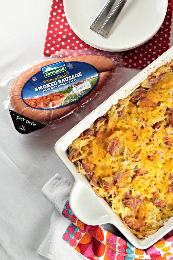 Cheesy Farmland Hickory Smoked Sausage Hash Brown Casserole: Sausage, packaged hash browns, sour cream, cheese, and onion to make comfort food at its best!