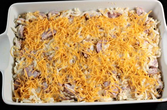 Cheesy Farmland Hickory Smoked Sausage Hash Brown Casserole: Sausage, packaged hash browns, sour cream, cheese, and onion to make comfort food at its best!
