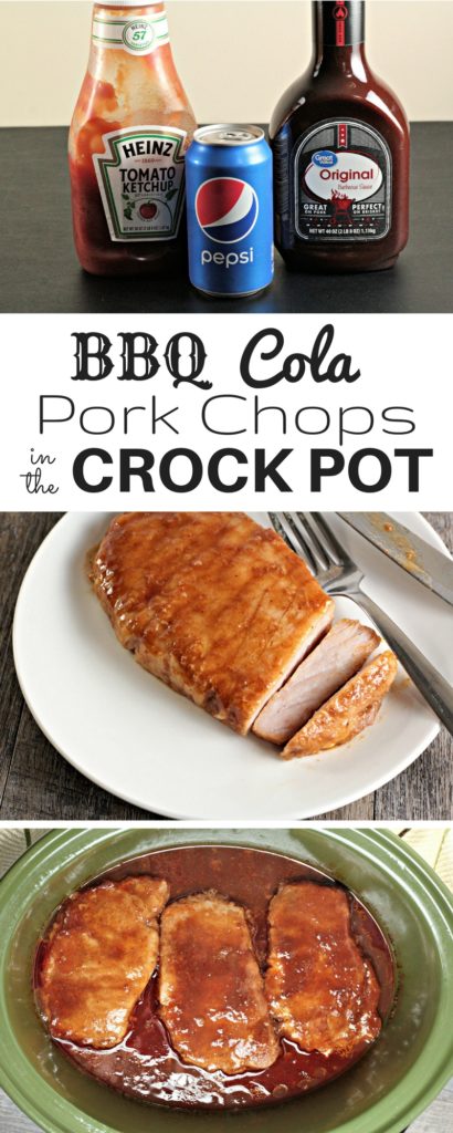 Crockpot BBQ Cola Pork Chops only require a slow cooker and 4 ingredients; pork chops, barbecue sauce, Pepsi or Coke, and ketchup. Easy and delicious!
