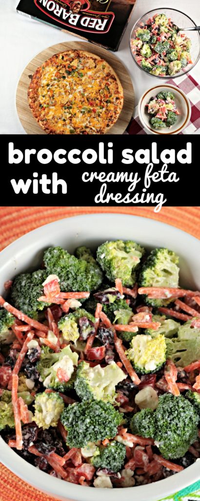 Broccoli Salad with Creamy Feta Dressing combines fresh broccoli, bell pepper, carrots, craisins, yogurt, lemon juice and pepper to make an easy side dish. 