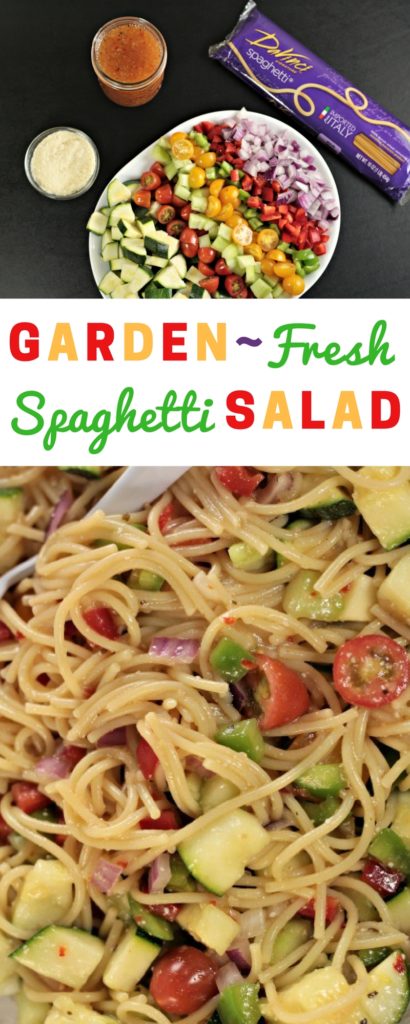 Garden-Fresh Spaghetti Salad: Spaghetti, zucchini, cucumber, red and green bell pepper, cherry tomatoes, red onion, Italian dressing and Parmesan cheese. 
