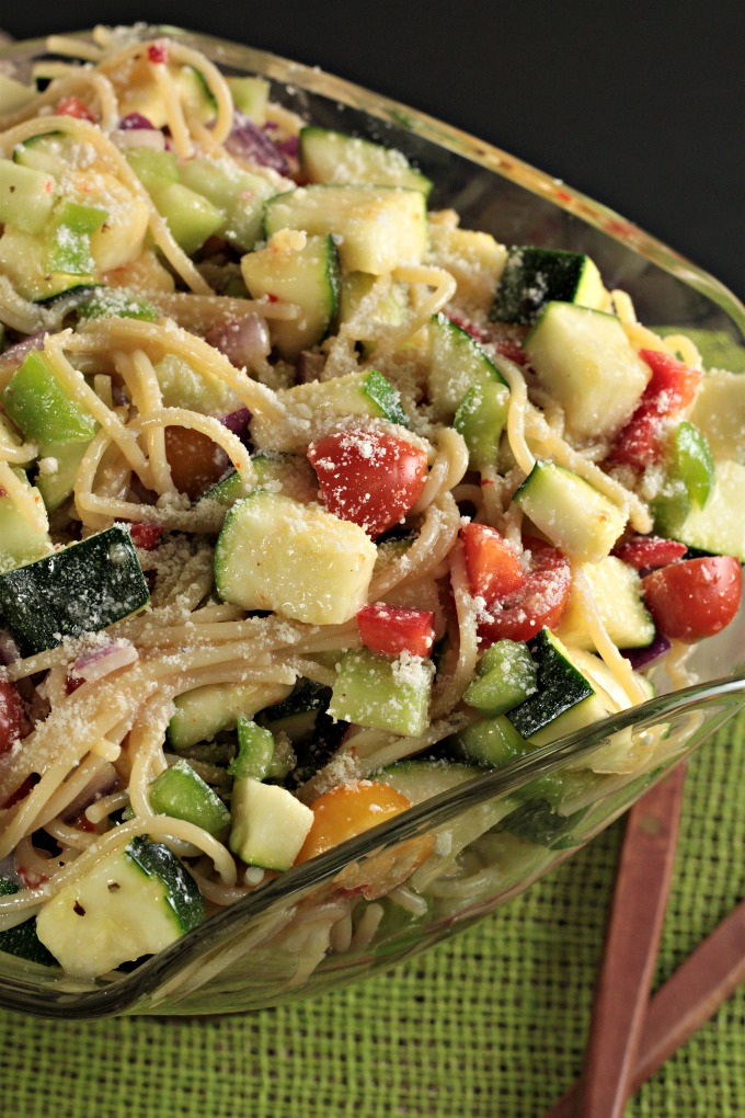 Garden-Fresh Spaghetti Salad: Spaghetti, zucchini, cucumber, red and green bell pepper, cherry tomatoes, red onion, Italian dressing and Parmesan cheese. 