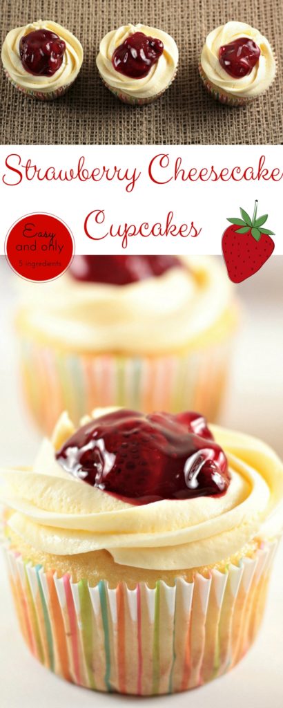 Strawberry Cheesecake Cupcakes transform a boxed white cake mix into a delicious treat with premade cheesecake filling and strawberry pie filling. So easy!