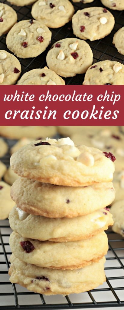 White Chocolate Chip Craisin Cookies feature sugar cookie dough with creamy white chocolate chipsand tart, sweet craisins. A delicious and satisfying treat!