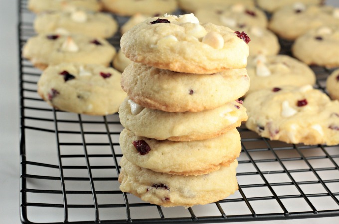 White Chocolate Chip Craisin Cookies feature sugar cookie dough with creamy white chocolate chipsand tart, sweet craisins. A delicious and satisfying treat!