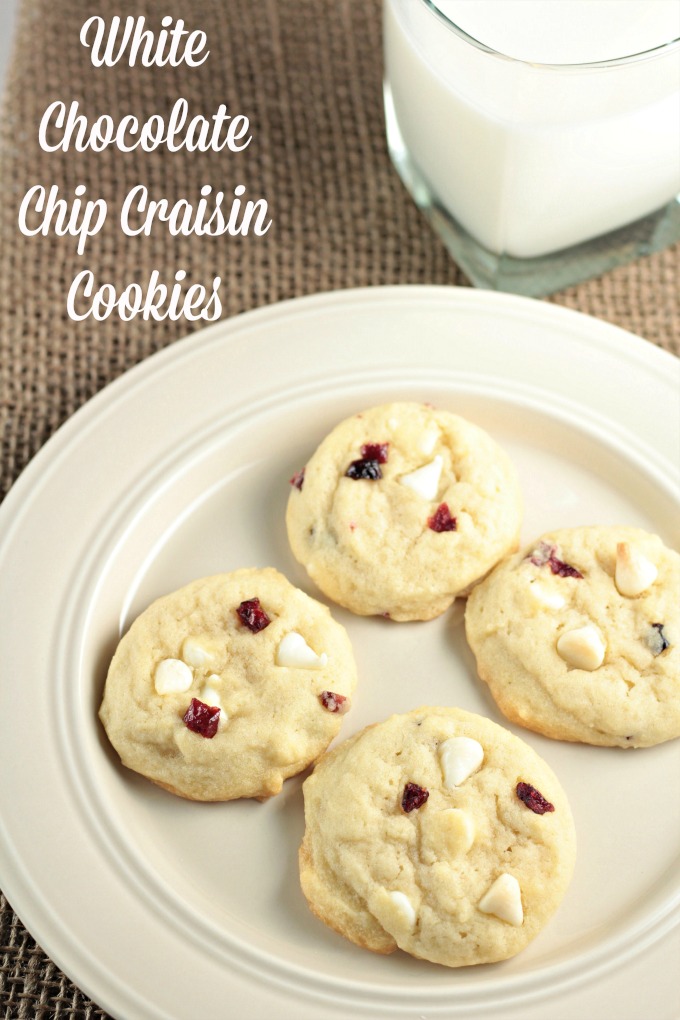 White Chocolate Chip Craisin Cookies feature sugar cookie dough with creamy white chocolate chipsand tart, sweet craisins. A delicious and satisfying treat!