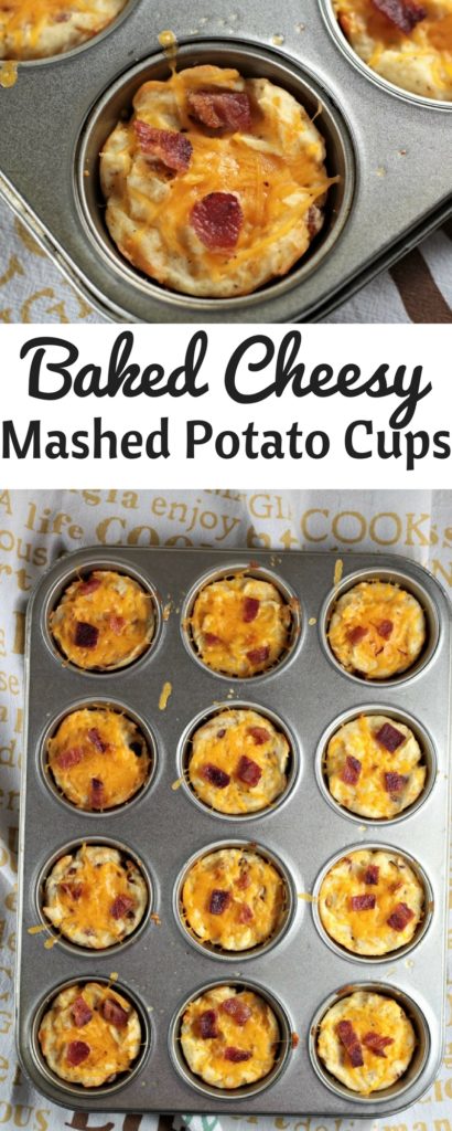 Baked Cheesy Mashed Potato Cups combine mashed potatoes, cheese, bacon, an egg, salt and pepper to make a versatile kid-friendly side dish or appetizer. 