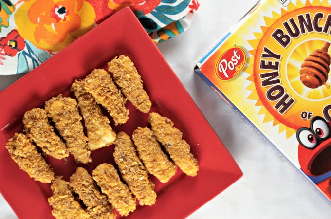 Honey Bunches of Oats® Crusted Fish Sticks only use 4 ingredients; Honey Bunches of Oats with Almonds, cod, flour, and egg. Healthy homemade fish sticks.