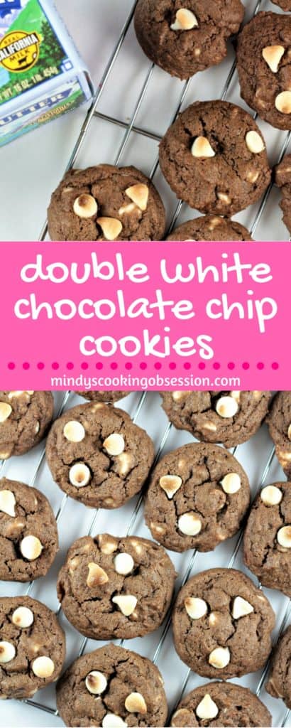 Double White Chocolate Chip Cookies feature a chocolate cookie with white chocolate chips. A great twist on the traditional chocolate chip cookie!