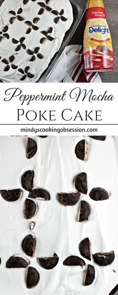 Peppermint Mocha Poke Cake features boxed chocolate cake, International Delight creamer, pudding, whipped topping and peppermint patty candies. 