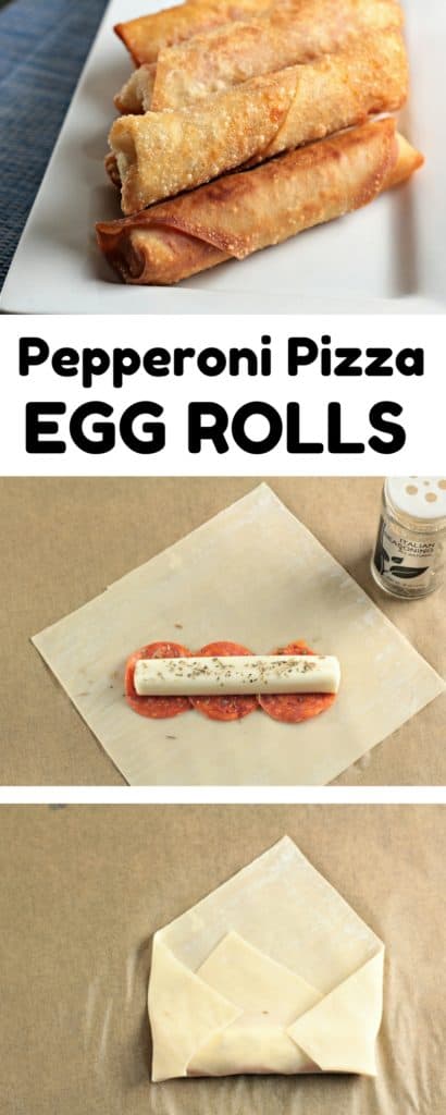 Pepperoni Pizza Egg Rolls feature mozzarella string cheese, sliced pepperoni and Italian seasoning wrapped in an egg roll wrapper and the deep fried to perfection. This is an easy and fun appetizer or snack great for kids and adults alike. Mindy's Cooking Obsession