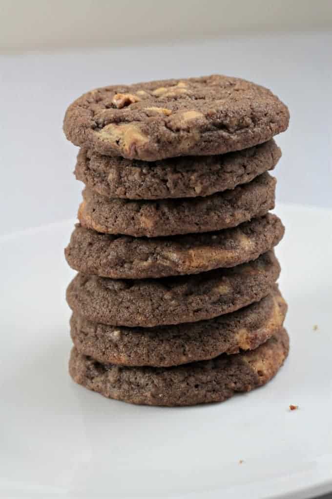 Chocolate Hershey's Gold Cookies - A classic thin and chewy chocolate cookie with chunks of new Hershey's Gold candy bar (caramelzed creme, pretzels and peanuts). Made with flour, granulated and light brown sugar, eggs, cocoa, vanilla, baking soda and salt. Makes nearly 5 dozen cookies!