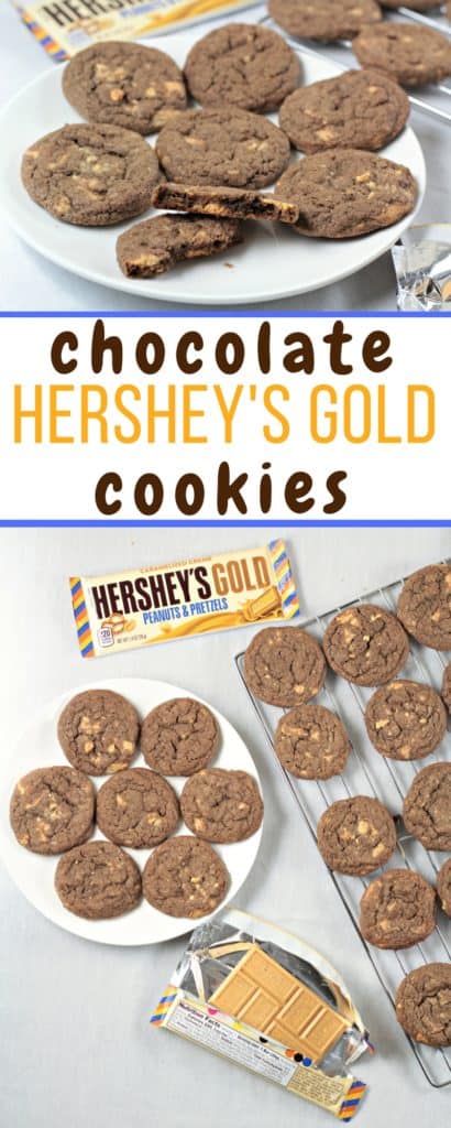 Chocolate Hershey's Gold Cookies - A classic thin and chewy chocolate cookie with chunks of new Hershey's Gold candy bar (caramelzed creme, pretzels and peanuts). Made with flour, granulated and light brown sugar, eggs, cocoa, vanilla, baking soda and salt. Makes nearly 5 dozen cookies!