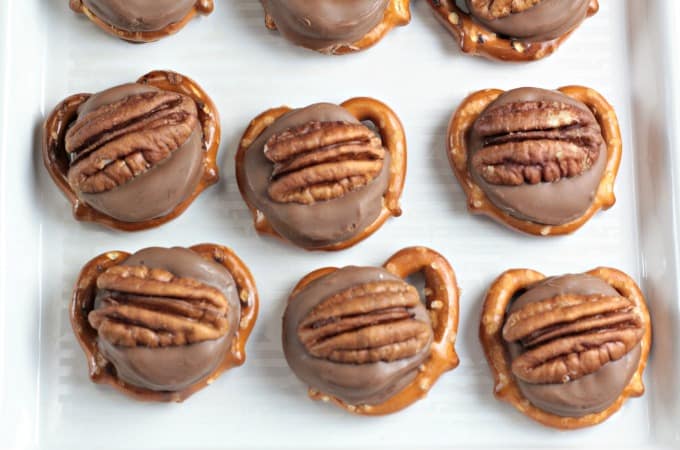 You can whip up a large batch of Rolo Pretzel Turtle Bites in just a few minutes. All you need are small pretzels, Rolo candy and pecans. This three ingredient snack would be great for parties, sleep-overs, watching the big game or for a delicious on the go snack.