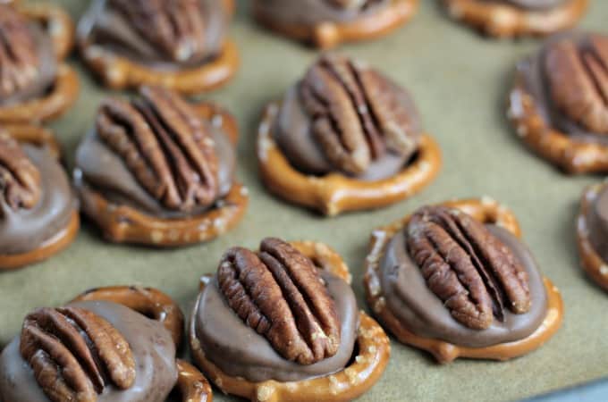 You can whip up a large batch of Rolo Pretzel Turtle Bites in just a few minutes. All you need are small pretzels, Rolo candy and pecans. This three ingredient snack would be great for parties, sleep-overs, watching the big game or for a delicious on the go snack.