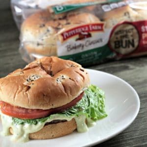 Avocado Ranch Grilled Burger features a third pound beef patty and an easy and flavorful avocado ranch dressing made with packaged ranch seasoning, mayonnaise, sour cream and a splash of milk. Served on a Pepperidge Farm Bakery Classic Onion Bun.