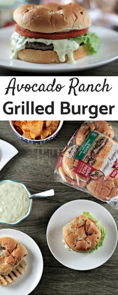 Avocado Ranch Grilled Burger features a third pound beef patty and an easy and flavorful avocado ranch dressing made with packaged ranch seasoning, mayonnaise, sour cream and a splash of milk. Served on a Pepperidge Farm Bakery Classic Onion Bun.