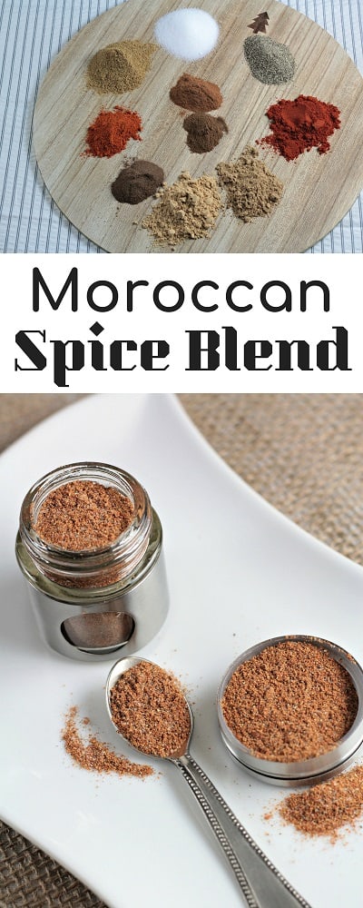 Moroccan Spice Blend is a mixture of ground ginger, paprika, cumin, cinnamon, coriander, cayenne pepper, allspice, cloves, salt and black pepper. This spice blend is much like Ras El Hanout. It is pungent and warm and is fabulous and can be used for rubs, marinades, or to season stews and tajines.