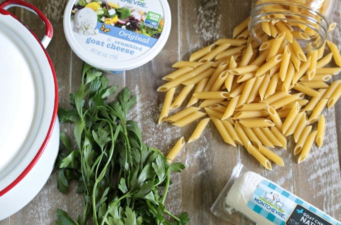 Marinara Goat Cheese Penne combines jar marinara sauce, creamy goat cheese and penne for a quick and easy 30 minute pasta dinner.