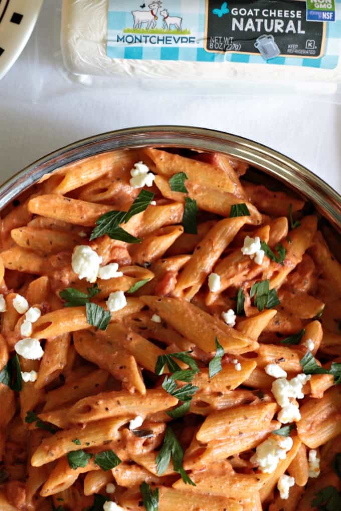 Marinara Goat Cheese Penne combines jar marinara sauce, creamy goat cheese and penne for a quick and easy 30 minute pasta dinner.