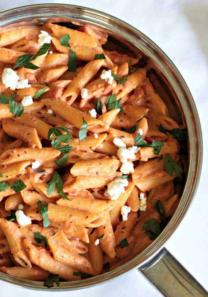 Marinara Goat Cheese Penne combines jar marinara sauce, creamy goat cheese and penne for a quick and easy 30 minute pasta dinner.