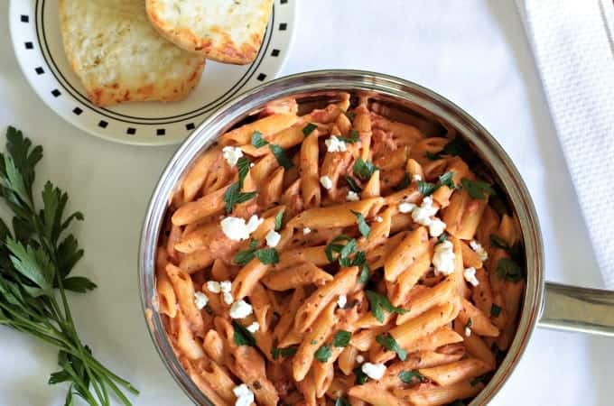 Marinara Goat Cheese Penne combines jar marinara sauce, creamy goat cheese and penne for a quick and easy 30 minute pasta dinner.