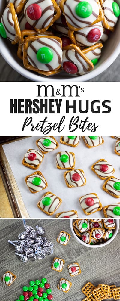 M & M's Hershey Hugs Pretzel Bites feature Hershey Hugs slightly melted on a salty pretzel topped with an m & m. Perfectly and sweet and salty!