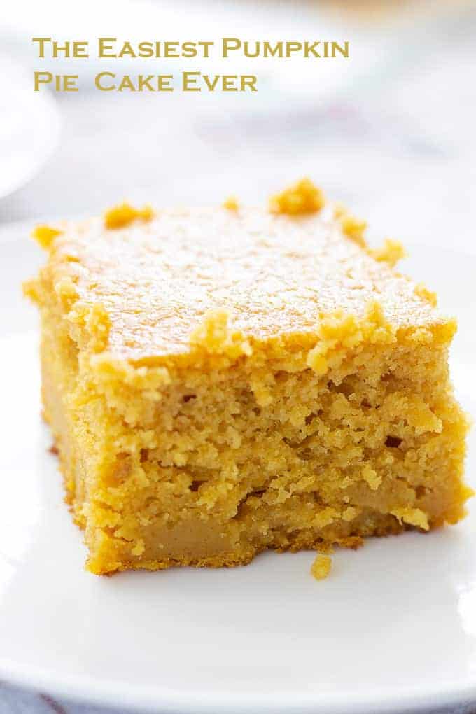 The Easiest Pumpkin Pie Cake Ever combines pumpkin pie mix, yellow cake mix, eggs, and melted butter to make a delicious cake perfect for Thanksgiving!