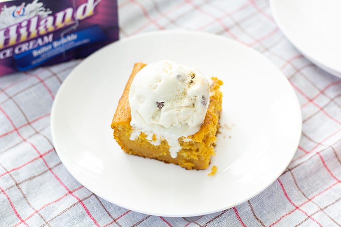 The Easiest Pumpkin Pie Cake Ever combines pumpkin pie mix, yellow cake mix, eggs, and melted butter to make a delicious cake perfect for Thanksgiving!