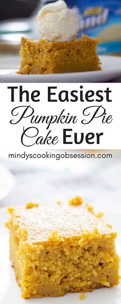 The Easiest Pumpkin Pie Cake Ever combines pumpkin pie mix, yellow cake mix, eggs, and melted butter to make a delicious cake perfect for Thanksgiving!