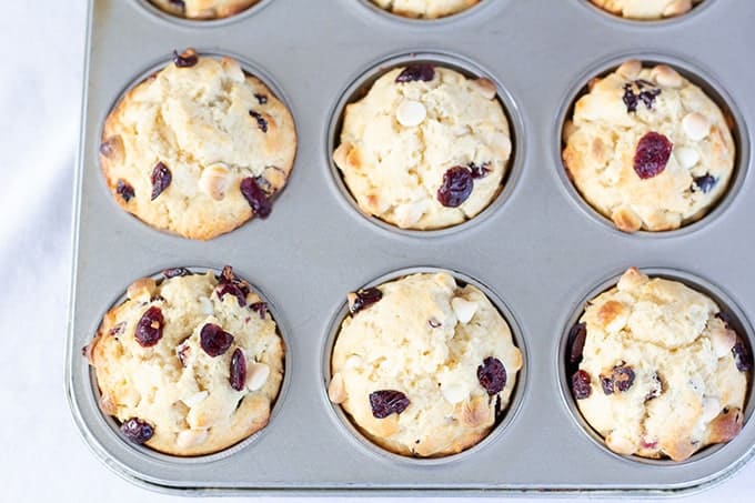 White Chocolate Chip Craisin Muffins are a traditional vanilla muffin with the grown up taste of sweet craisins and white chocolate chips. 