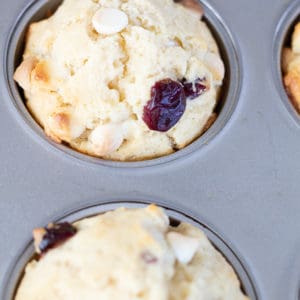 White Chocolate Chip Craisin Muffins are a traditional vanilla muffin with the grown up taste of sweet craisins and white chocolate chips.