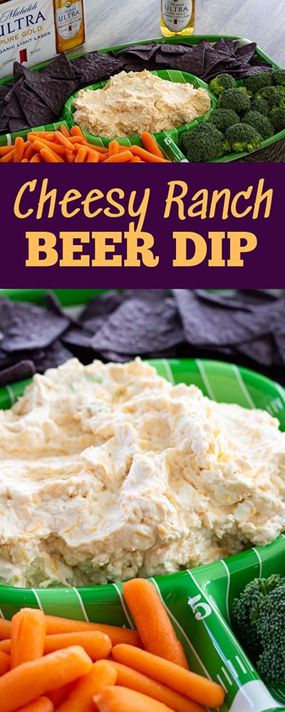 Cheesy Ranch Beer Dip combines cream and cheddar cheese, bottled ranch dressing, beer, green onions and cayenne pepper to make a creamy and spicy dip.