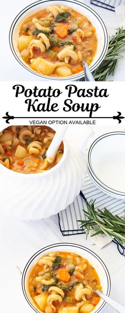 Potato Pasta Kale Soup is a hearty Italian soup that features tomatoes, paprika, fresh thyme and rosemary. Vegan/vegetarian option available.