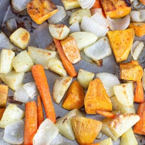 Roasted Root Vegetables feature Russet, sweet potatoes, carrot and onion seasoned with salt, pepper and drizzled with olive oil then roasted to perfection.