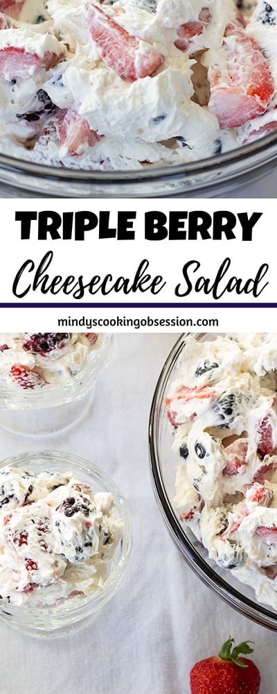 Triple Berry Cheesecake Salad features cream cheese, whipped topping, a little sugar, and plump juicy strawberries, blueberries, and blackberries!