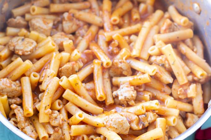 Stovetop Italian Pork Ziti only requires 7 ingredients, one pan and can be on the table in about 30 minutes. Jar sauce and marinated pork make this fast!