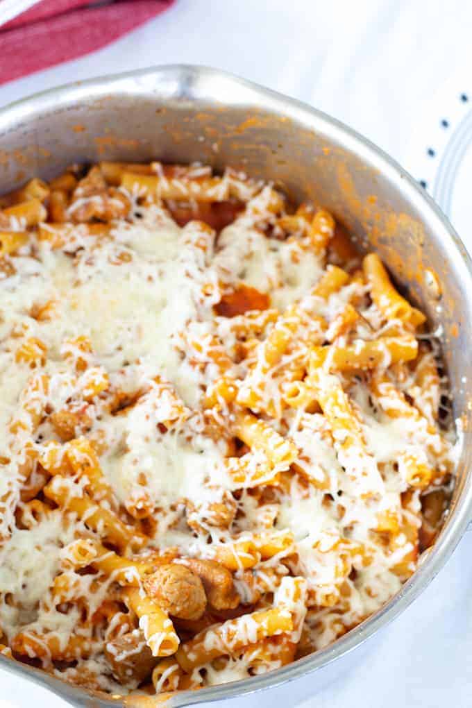 Stovetop Italian Pork Ziti only requires 7 ingredients, one pan and can be on the table in about 30 minutes. Jar sauce and marinated pork make this fast!