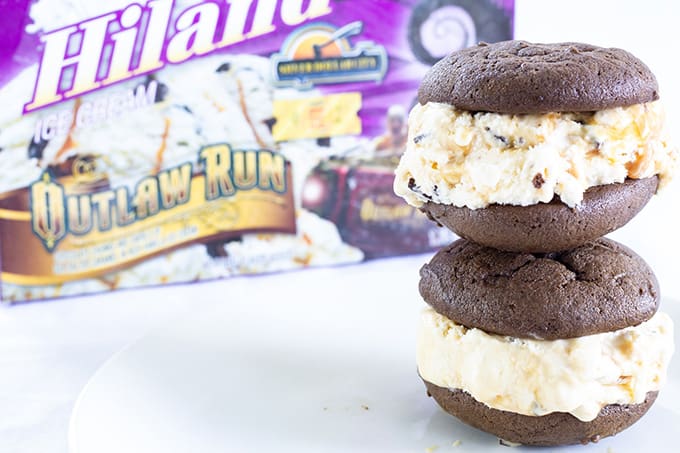 Mini Ice Cream Sandwiches are soft chocolate cookies filled with ice cream that has chocolate chunks and swirls of sea salt caramel to make a yummy dessert!